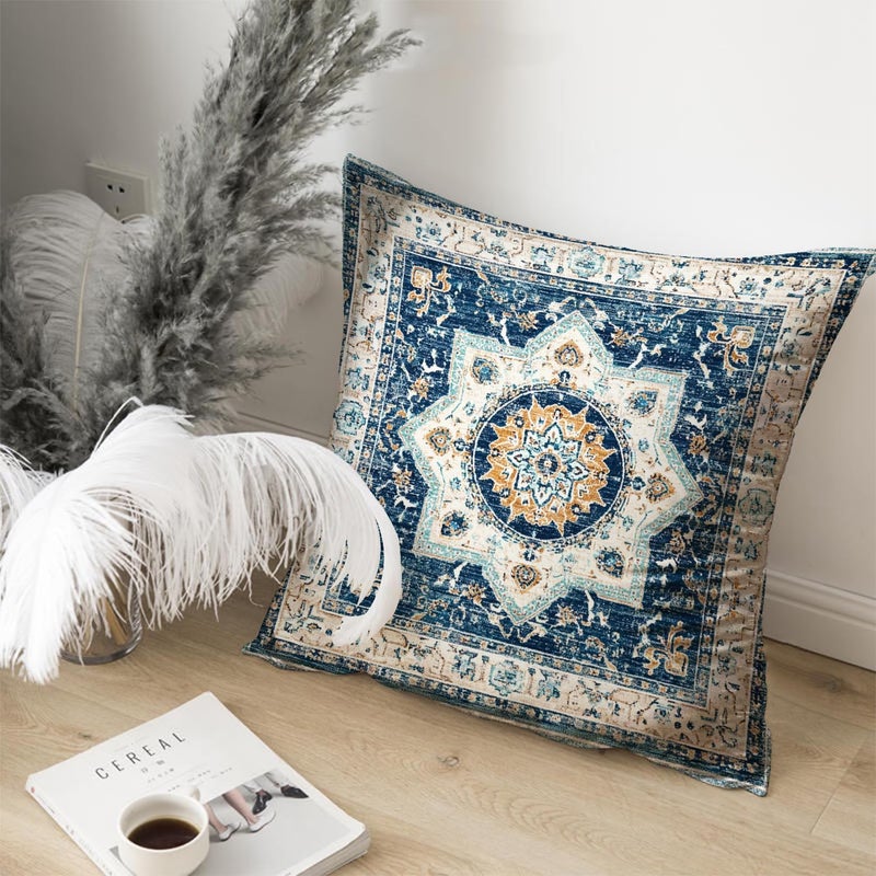 RBAFAO Bohemian Pillow Covers | Vintage Floral & Carpet Design | Double Sided Blue White Decorative Pillowcases for Couch, Bed | Indoor Outdoor Boho Home Decor (White&Blue, 18x18inches) - Image 4